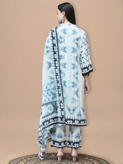 Shree Women Liva Blue Tie Dye Print Kurta Comfort Pant Dupatta